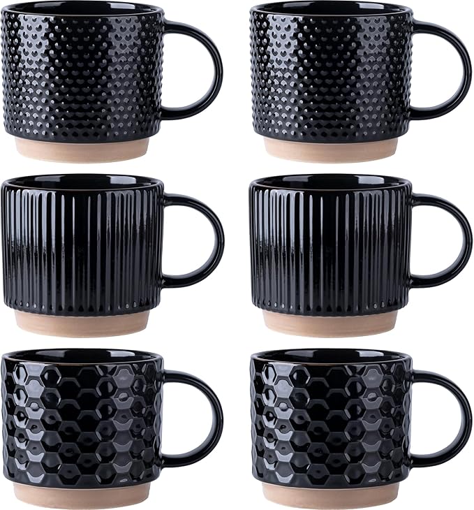 GBhome 12 OZ Stackable Coffee Mugs Set of 6, Ceramic Black Coffee Cups Set | 3 by GBhome