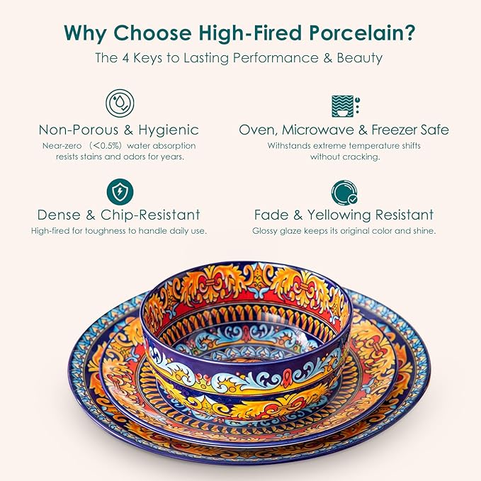vancasso 18-Piece Dinnerware Sets,Ceramic Plates and Bowls Sets Service for 6, Bohemian Style Porcelain Dishes Set for 6, Microwave and Dishwasher Safe, Scratch Resistant,Non Toxic, Series KRVI