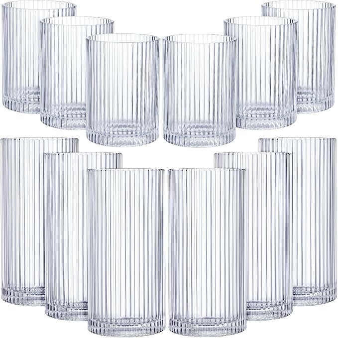 Zhehao 12 Pcs Ribbed Drinking Glasses Set 9 oz 12 oz Glass Cups Vintage by Zhehao