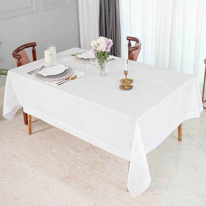 D'Moksha Homes White Linen Tablecloth for Rectangle Tables 60 x 132 Inch - 100% Pure Linen White Table Cloth - Classic Hemstitch, Machine Washable Dining Tablecloth for Valentines, Spring, Easter