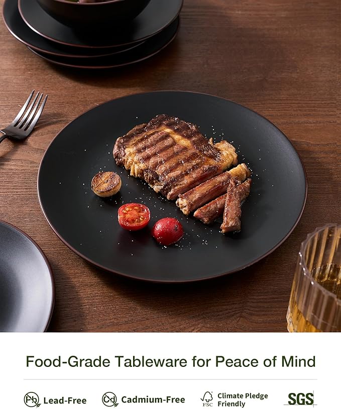 Famiware Venus Speckled Dinnerware Set with Pasta Bowls, Service for 4 (16 Pieces), Stoneware Plates and Double Bowls Sets, Microwave & Dishwasher-Safe Dishes with Trim, Matte Black