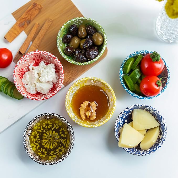 Ceramic Small Dipping Bowls Set of 6, 3.5 Oz Soy Sauce Dish, Handmade Charcuterie, Colorful Pinch, Dishwasher & Microwave Safe Sauce, 3.2'' Mini (DAISY MEDLEY)