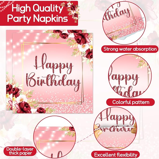 96Pcs Burgundy Birthday Party Supplies Burgundy Floral Paper Plates Napkins - Image 4