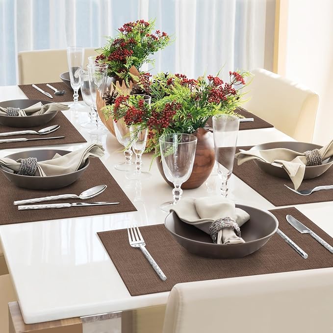 Faux Leather Placemats Set of 8 Washable PU Table mats for Kitchen Table - Heat Resistant, Waterproof, Easy Clean, Anti Slip 11.8" x 17" (Dark Brown-8 Pack)