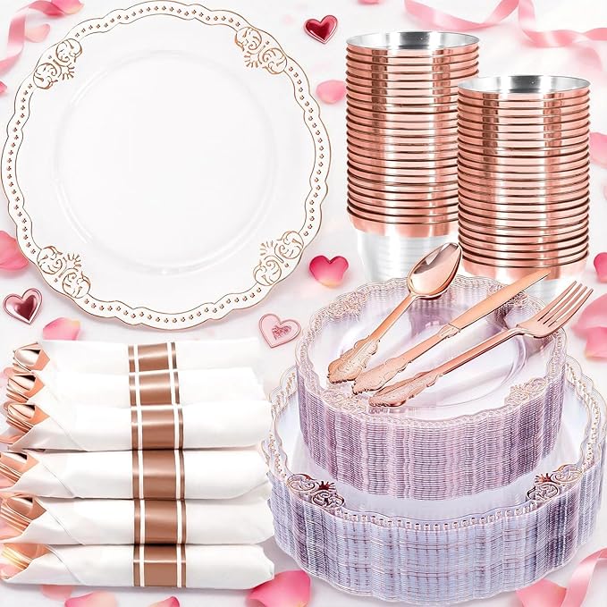Ciaell 350 PCS Rose Gold Plastic Plates - Rose Gold Disposable Plates Dinnerware Include 50 Disposable Plate, 50 Heavy Duty Silverware, 50 Cups, 50 Napkins for Wedding & Party & Anniversary