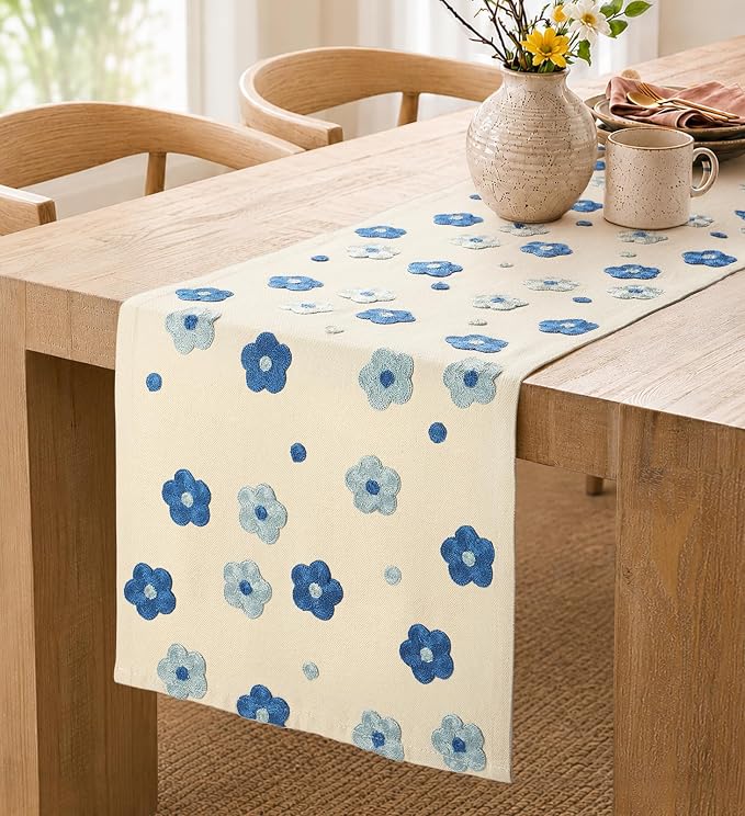 Embroidered Canvas 13"x 72" Narrow Table Runner, Speedwell | Exquisite by MuseHaus