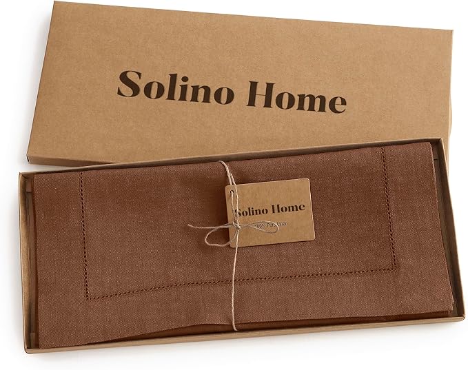Solino Home 100% Pure Linen Dining Table Runner Brown Hemstitch, 14 x 36 in | - Image 6