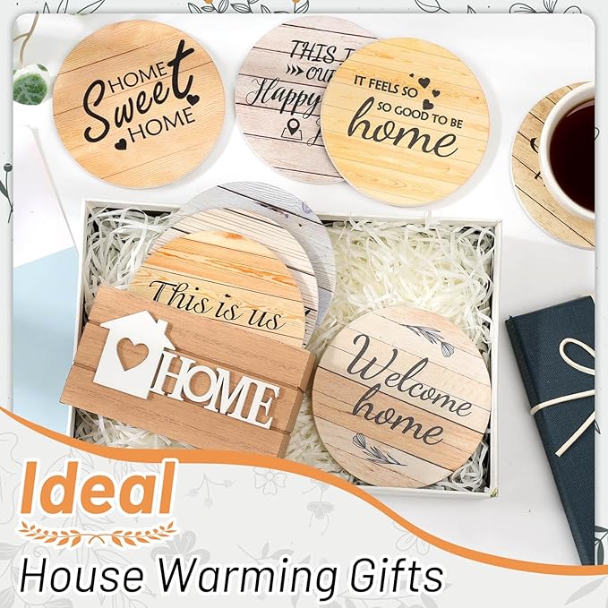 Billbotk House Warming Gifts for Home Decoration, Wood Farmhouse Coasters Set of 8, Drink Coasters for Housewarming Gifts, Coffee Table Decor, Home Decor
