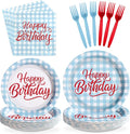 96 Pcs Blue Gingham Birthday Party Decorations, Serves 24 | Blue and White by Greencian
