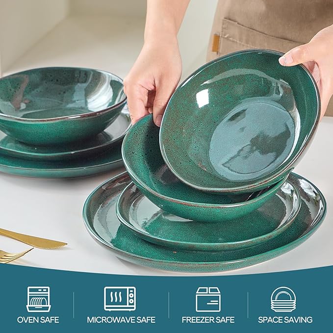 Bestone 12 Pieces Round Kitchen Dinnerware Sets，Plates and Bowls Sets,Dishes, Plates, Bowls, Dish Set, Chip Resistant Ceramic Dinnerware Set, Dishwasher/Microwave Safe,Service for 4,Ceylon Green