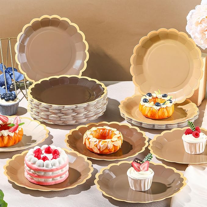 96 Pcs Brown Paper Plates 9 Inch Gradient Brown Scalloped Paper Disposable Dinner Dessert Plates for Birthday Wedding Bridal Party Supplies, 6 Colors
