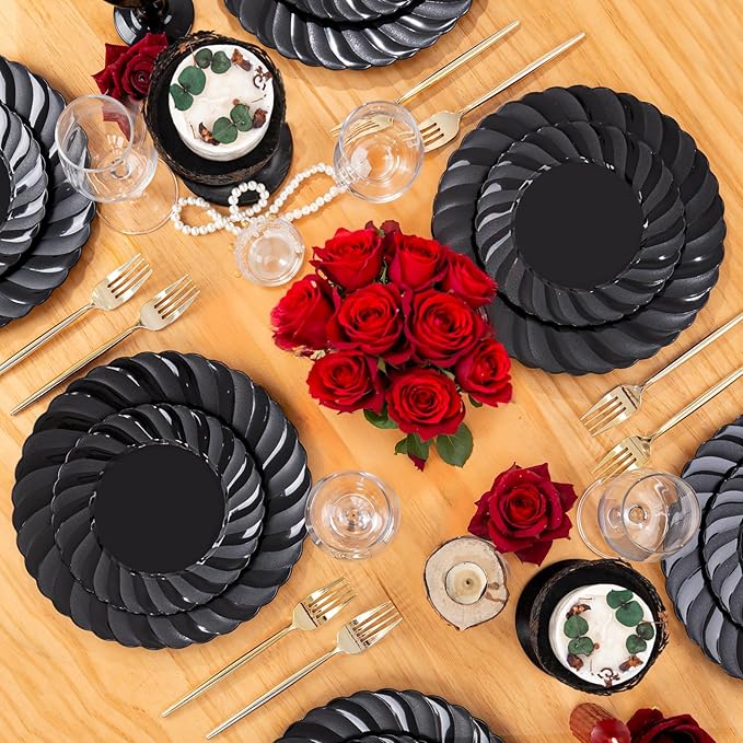 U-QE 60 Pcs Black Plastic Plates for Party – Black Plastic Disposable Heavy Duty – Include 30 10.25" Dinner & 30 7.25" Dessert Plate - Perfect for Parties, Weddings