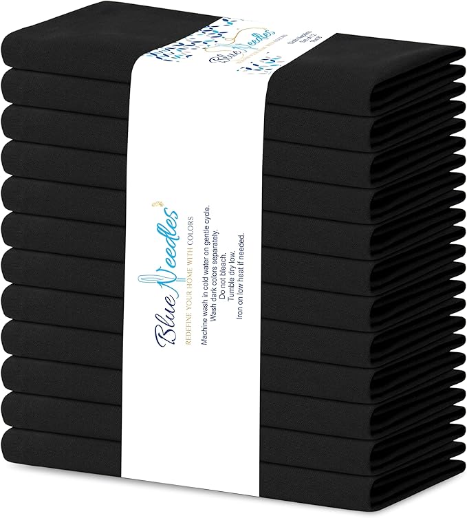 Blue Needles Solid Cloth Napkins Set of 12 Black 100% Cotton Dinner Napkins 18x18 inches - Soft, Reusable, Absorbent & Washable Linen, Ideal for Wedding Events, Parties & Everyday Use