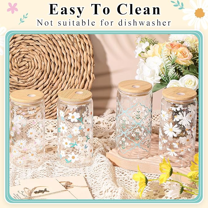 Mumufy 4 Pack Wildflower Glass Cups Gift Aesthetic Cute Glass Cup Tumbler - Image 5