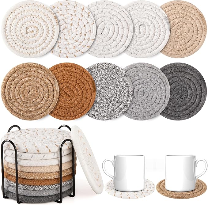 OIAHOMY 10 Pcs Drink Coasters with Holder, Boho Cotton Woven Coaster Set, Absorbent Coaster Protection for Various Cups, Ideal for Coffee Tables Home Decor and Gift, 4.3 Inches,Mixed Yellow