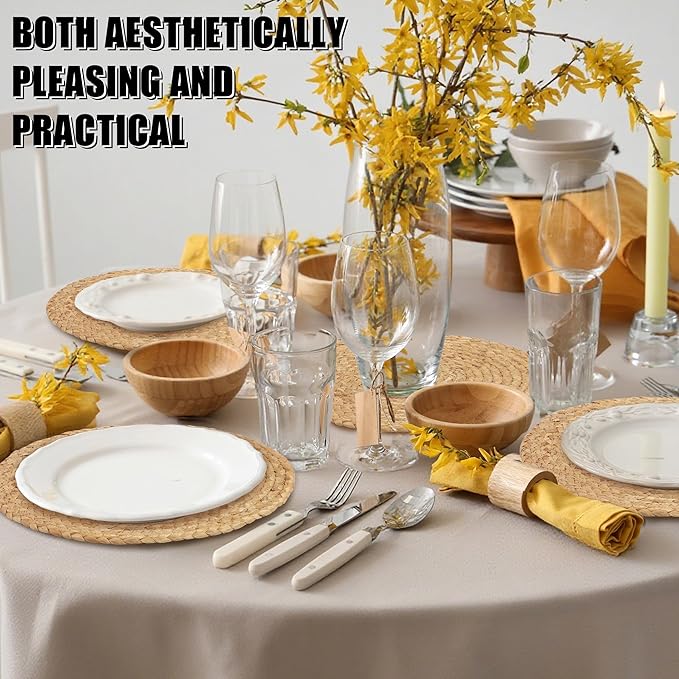 Kochorie Set of 6 Round Woven Placemats 13.5-Inch Natural Water Hyacinth Plant Placemats Hand-Woven Boho Rattan Placemat Wicker Weave Table Mats for Home Dinner Plates Holiday Supplies