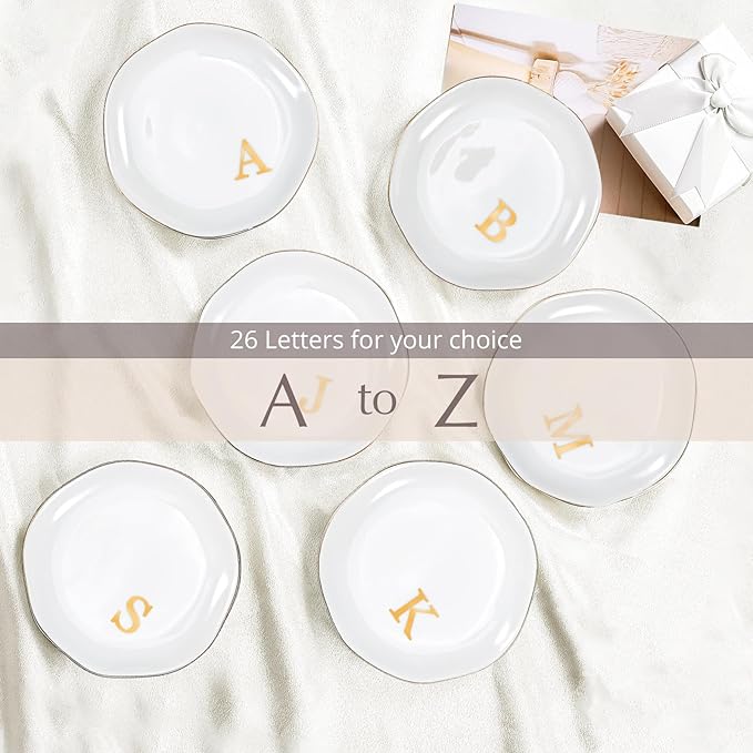 ProCase Ceramic Jewelry Tray, Initial Ring Dish Trinket Plate Engagement Gift, Small Personalized Monogram Ring Bowl for Wedding, White Decorative Jewelry Holder for Women Vanity -LetterV