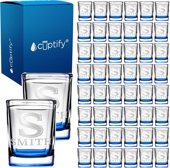 Personalized Square Shot Glasses Set of 50 Blue Bottom 2oz Engraved Initial and Name Custom Gifts, Weddings, Birthdays, Party, Event, Decorations