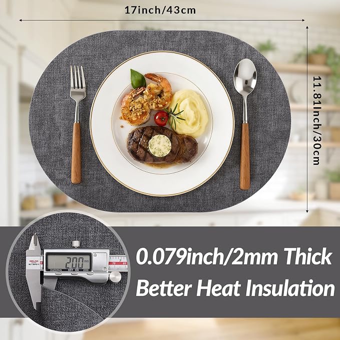 Placemats Set of 8, 11.8 x 17 Inch, Dark Grey | Heat Resistant Oval Faux - Image 3