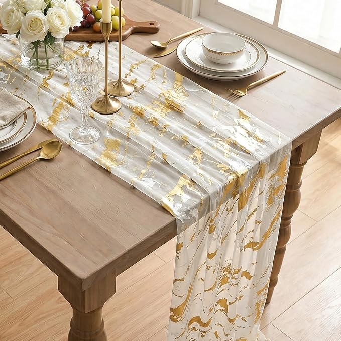 Artoid Mode Marble Pattern Beige Gauze Table Runner 10FT, Glitter Metallic Foil - Image 4