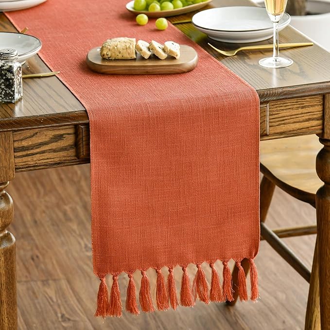 Artoid Mode Terracotta Orange Tassel Table Runner, Fall Linen Blend Rustic by ArtoidMode