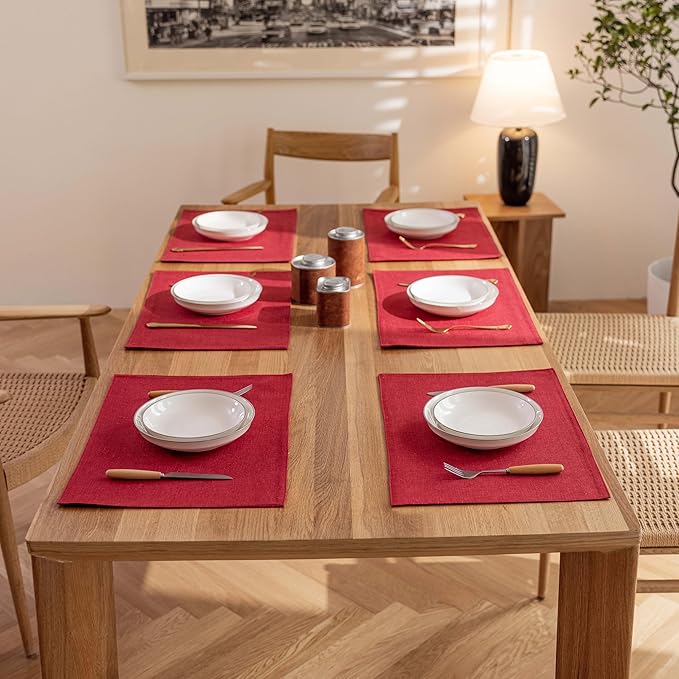 Demetex Red Placemats Set of 8 Fade Resistant Linen Placemats Modern Decorative Table Placemat for Valentines Day Holiday Wedding Birthday, 13x19 inch, Wine Red