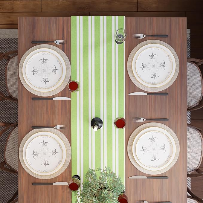 Encasa XO Table Runner, Woven Cotton Dining Runner 13"x120" Franca Lime Stripes - Image 5
