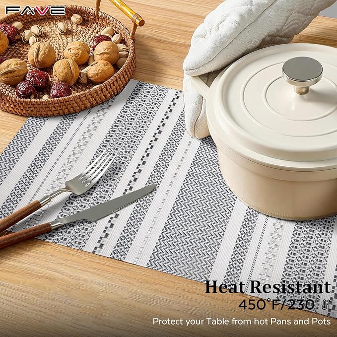 FAVE Boho Vinyl Placemats Set of 6, Durable Woven Place Mats Washable Heat Resistant PVC Table Mats for Parties,Weddings, Dining,Banquet(Gray, 6PCS)