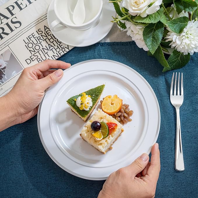 NOCCUR 200PCS Silver Plastic Plates Disposable for 100 Guests - Include 100 Dinner / 100 Dessert Plates Heavy Duty - Ideal for Party/Wedding/New Year