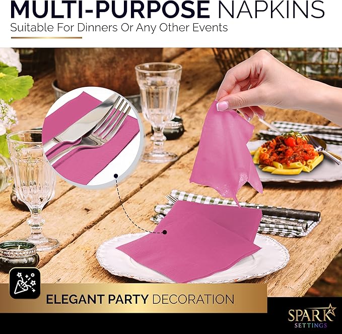 100 Pack Pink Beverage Napkins, Big Party Pack, 2 Ply, Ideal for Wedding, Party, Birthday, Dinner, Lunch, Cocktails. (5” x 5”) by Amcrate