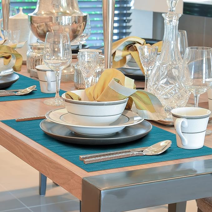 Winknowl Placemats Set of 6, Heat Resistant Stain Resistant Woven Vinyl Insulation Place mats, Durable Washable Elegant Table Mats for Kitchen Dining Table Decor (Teal Blue)