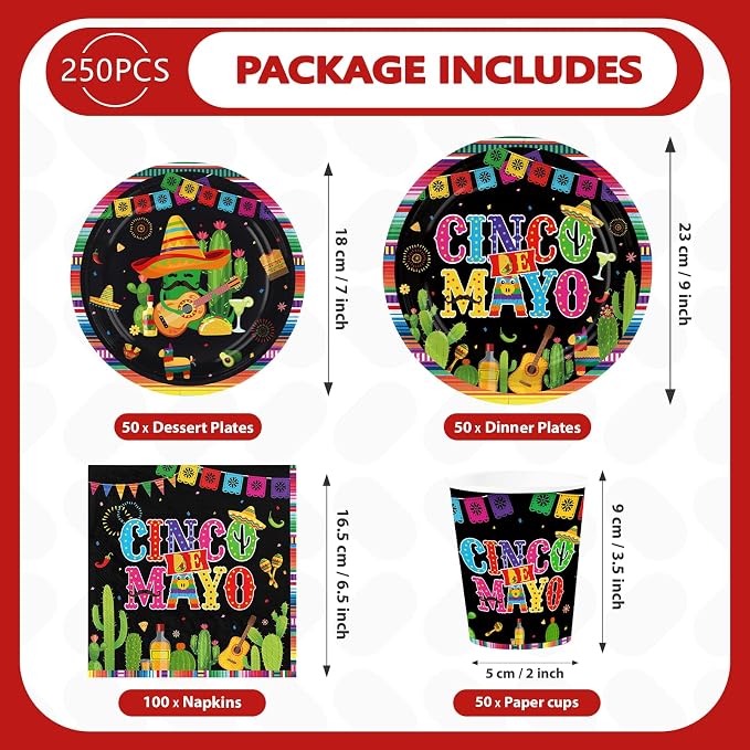 250Pcs Cinco De Mayo Decorations Mexican Fiesta Plates and Napkins Black Mexico - Image 4