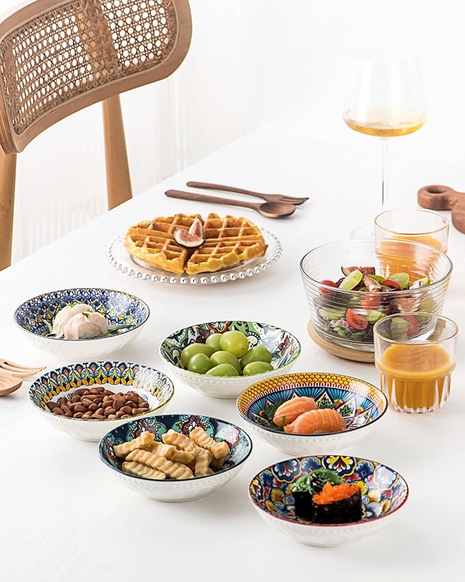 10 OZ Small Snack Bowls/Dishes Set of 6 - Ceramic Colorful Bowls for Side Dishes, Ice Cream, Dessert, Appetizers, Dips and Sauces, Dishwasher & Microwave Safe - Bohemian Style