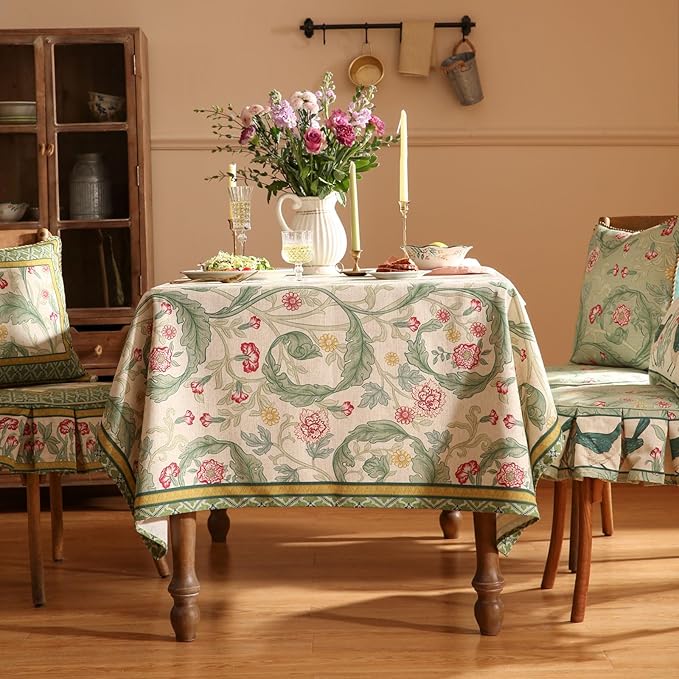 patdrea Designer French Vintage Rectangle Tablecloth,Green Linen Leaves Pattern Table Cloth,Decoration Floral Table Cover for Kitchen Dining Christmas,Thanksgiving,Party,63"x87"-Cecilia a