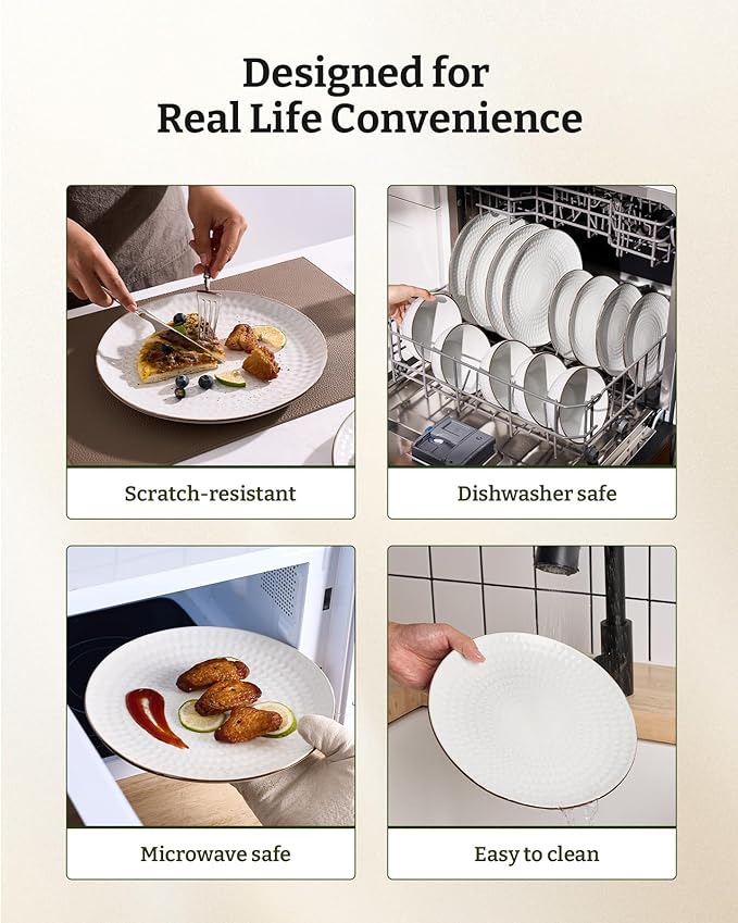 Famiware Eden Plates and Bowls Sets, Stoneware Dinnerware Sets with Gold Trim, 24 Pieces Dishes Set for 8 - Chip and Scratch Resistant, Microwave and Dishwasher Safe, White Circle