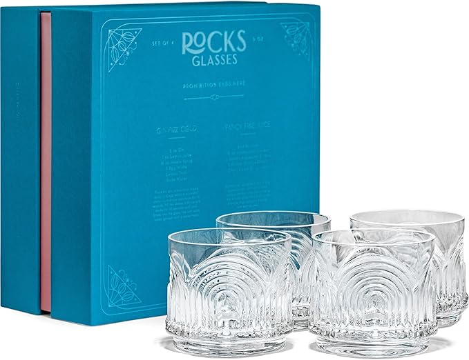 GLASSIQUE CADEAU Vintage Art Deco 1920s Lowball Cocktail Glasses | Set of 4 | 9 oz Crystal Old Fashioned Glassware for Drinking Classic Bar Drinks | Heavy Base Short Rocks Tumblers for Women