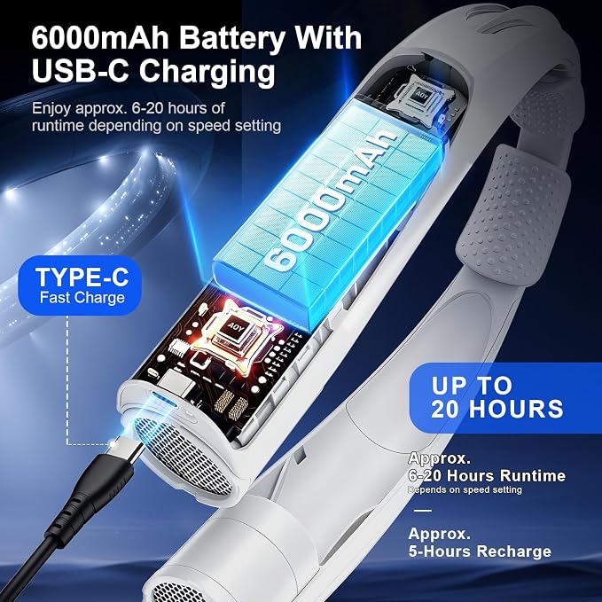 Portable Neck Fan with Reading Light, 6-Speed Wearable Fan, 6000mAh USB-C - Image 3