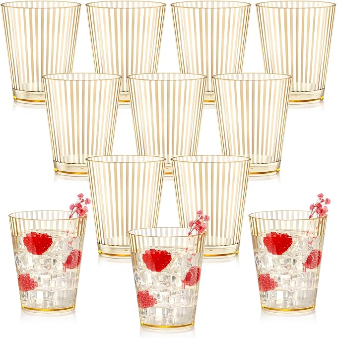 12 PCS Plastic Ribbed Drinking Glasses 10oz Gold Vintage Ripple Stemless Wine by SHIQIKEJIPTY