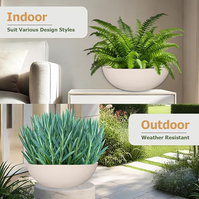 6.9" H x 19.7" D Round Bowl Fiberstone Planter for Succulent and Lotus with Drainage Hole, Smooth Finishes, Weather Resistant, Included 2 Extra Coco Mats (Kilim Beige, 17.9" Pot Opening)