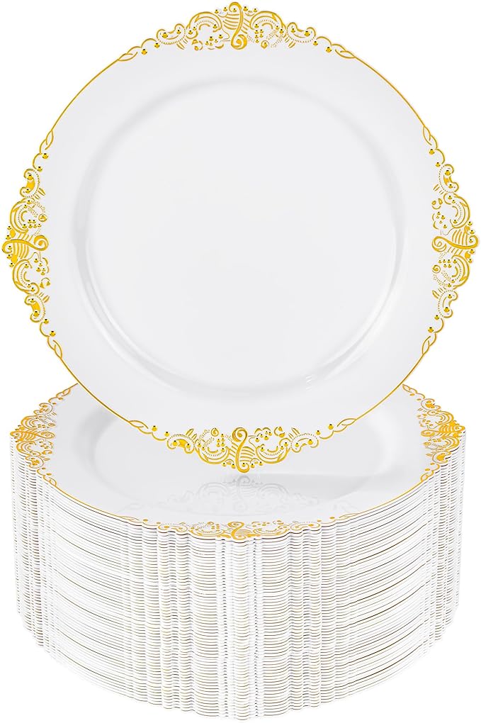 Nervure 100Pcs White and Gold Plastic Plates - 7.5inch Gold Disposable Plates - Heavyweight Plastic Dessert Plate for Wedding & Party