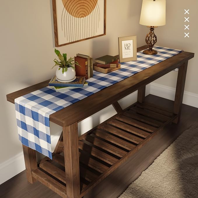 Encasa XO Table Runner, Woven Cotton Dining Runner 13"x59" Buffalo Blue Checks - Image 2