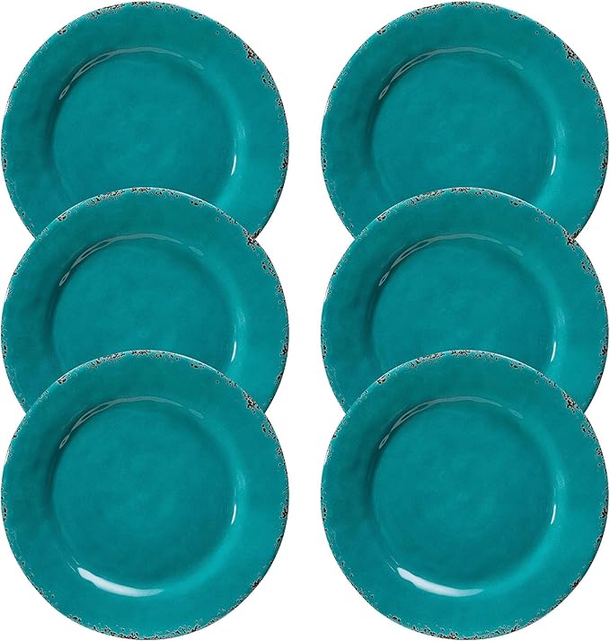 Dinner Plates, 6 Piece Vintage Melamine dinnerware Set, 11-inch Melamine Salad/Dessert Plates, Set of 6, Outdoor Pasta Plates or Shallow Bowl for Patio and Everyday Use, Teal…