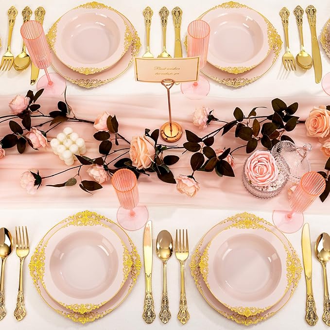 100PCS Pink Plastic Bowls - 12 oz Pink Gold Disposable Salad Bowls - Heavy Duty Disposable Soup Bowl - Fancy Plastic Ice Cream Bowl for Weddings Valentine's Day Parties Dinners Picnics