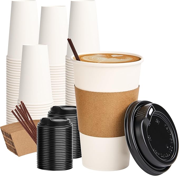 RACETOP 16 oz 100 Pack Disposable Paper Coffee Cups with Lids, Sleeves and Stirrers, Hot Cups, Paper Cups with Lids, Sleeves and Stirrers, Ideal for Home/Office