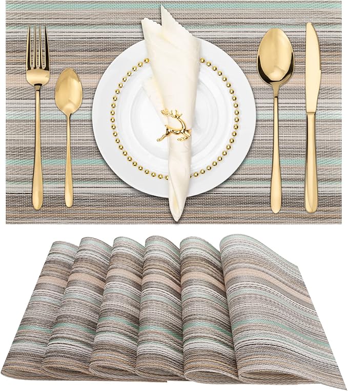 Winknowl Placemats Set of 6, Heat Resistant Non-Slip Vinyl Woven Table Mats for Dining Table, Washable Durable Elegant Place Mats for Kitchen Indoor/Outdoor Use (Teal Green)