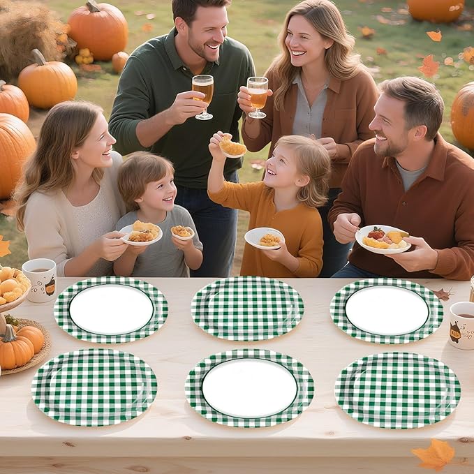 50Pcs Spring Gingham Oval Paper Plates 10" x 12" Large Disposable Heavy Duty Green White Buffalo Checked Plaid Dessert Platters Plates for Spring Birthday Picnic BBQ Party Supplies
