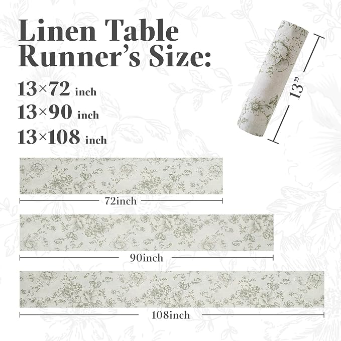 jinchan Green Floral Linen Table Runner 13 x 108 Inch Farmhouse | Soft floral - Image 5