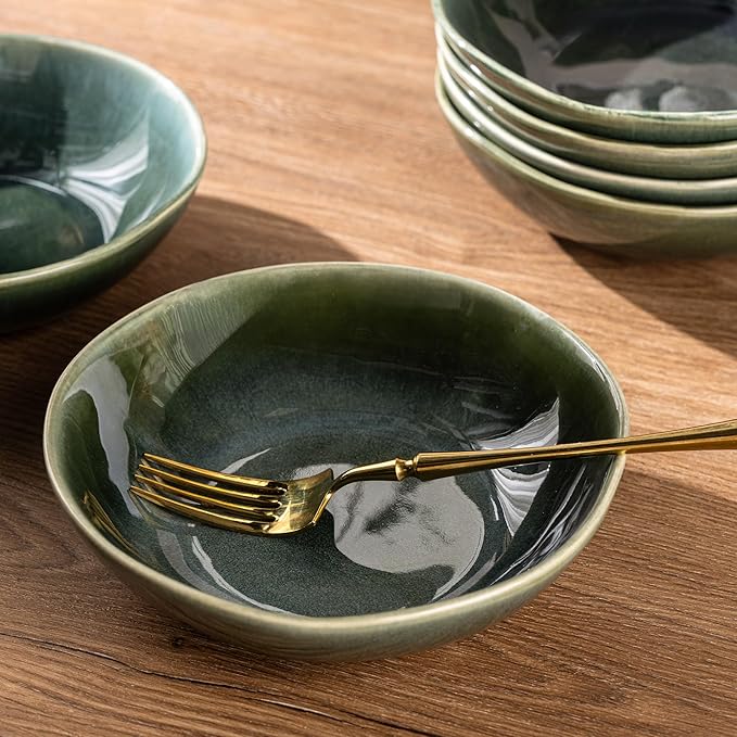 AmorArc Ceramic Cereal Bowls Set of 6, 24 oz Handmade Stoneware Bowls for Cereal Soup Salad Bread, Stylish Kitchen Bowls for Meal, Dishwasher & Microwave Safe-Earth Green