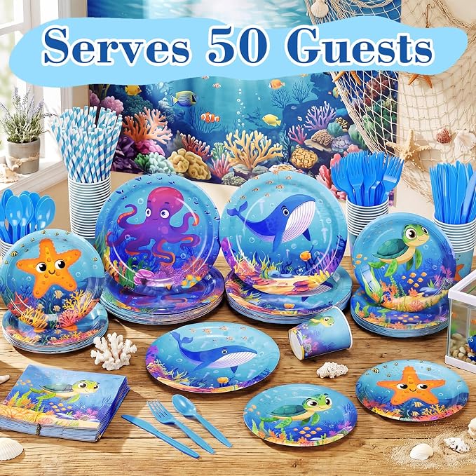 450 Pcs Under the Sea Tableware Set Party Decorations Ocean Birthday Paper - Image 4