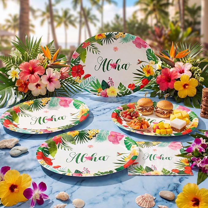 350 Pcs Summer Hawaiian Party Supplies Luau Oval Plates and Napkins Set Palm - Image 2